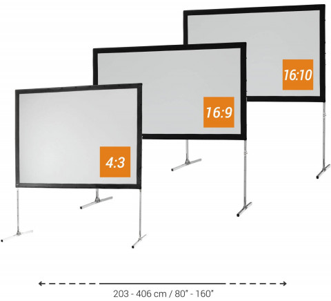 Faltrahmen Leinwand mit 4 verschiedenen Formaten (Quadrat, 4:3 front, 4:3 rück, 16:9)